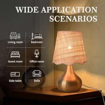 Ziqqeelam Gold Small Bedside Table Lamp for Bedroom, Brass Gold Mini Table Lamps for Nightstand, Small Scalloped Rattan Shade Table Lamps for Small Spaces for Bedroom, Kitchen, Living Room, Kids Dorm