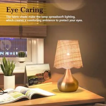 Ziqqeelam Gold Small Bedside Table Lamp for Bedroom, Brass Gold Mini Table Lamps for Nightstand, Small Scalloped Rattan Shade Table Lamps for Small Spaces for Bedroom, Kitchen, Living Room, Kids Dorm