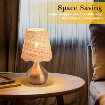 Ziqqeelam Gold Small Bedside Table Lamp for Bedroom, Brass Gold Mini Table Lamps for Nightstand, Small Scalloped Rattan Shade Table Lamps for Small Spaces for Bedroom, Kitchen, Living Room, Kids Dorm