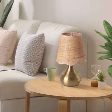 Ziqqeelam Gold Small Bedside Table Lamp for Bedroom, Brass Gold Mini Table Lamps for Nightstand, Small Scalloped Rattan Shade Table Lamps for Small Spaces for Bedroom, Kitchen, Living Room, Kids Dorm