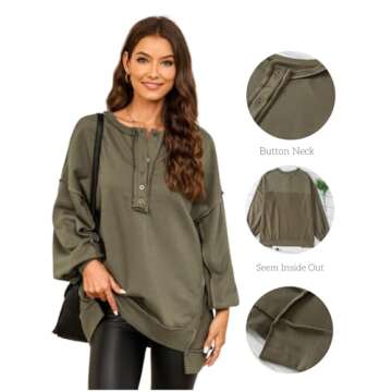 AlvaQ Womens Fashion 2024 Oversized Sweatshirt Winter Loose Fit Long Sleeve Half Button Henley Neck Tunic Tops Soft Pullover Lightweight Sweatshirt Green 1X