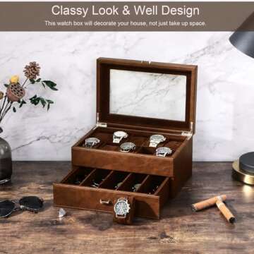 BEWISHOME Watch Box for Men Luxury Watch Case -10 Slots Watch Organizer with Drawer for Sunglass and...