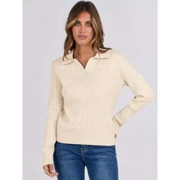 ANRABESS Womens Cable Knit Sweaters Long Sleeve V Neck Sweater Tops Casual Pullover Polo Shirts 2024 Fall Fashion Outfits Beige S