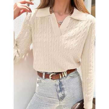 ANRABESS Womens Cable Knit Sweaters Long Sleeve V Neck Sweater Tops Casual Pullover Polo Shirts 2024 Fall Fashion Outfits Beige S