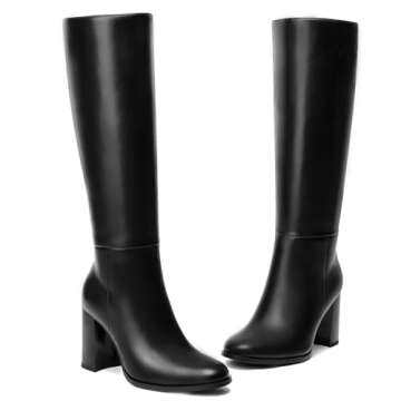 Lumeheel Black Knee High Boots for Women - Round Toe Chunky Heel Gogo Boots with Side Zip Women's Fashion Tall Boots 7M