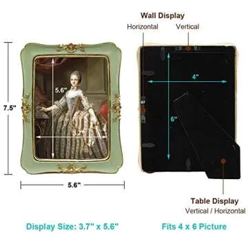 SYLVIA'S SHOP Vintage 4x6 Picture Frame, Antique Ornate Photo Frame, Table Top Display and Wall Hanging Home Decor, Old Fashioned Gorgeous Photo Gallery Art Deco, Green with Gold