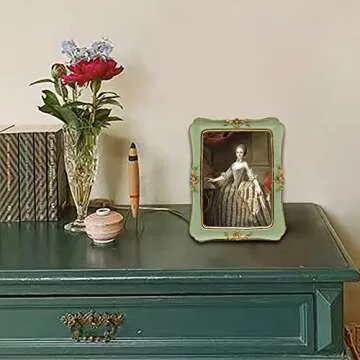 SYLVIA'S SHOP Vintage 4x6 Picture Frame, Antique Ornate Photo Frame, Table Top Display and Wall Hanging Home Decor, Old Fashioned Gorgeous Photo Gallery Art Deco, Green with Gold
