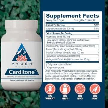 Ayush Herbs Carditone - Natural Heart Health Supplement for Women & Men, BP Formula, Holistic Heart Support with Rauwolfia, Arjuna, Calcium, and Magnesium - 60 Vegetarian Caplets (1 Count)