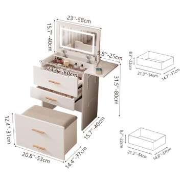 Makeup Vanity Desk with Mirror and Lights, 3-in-1 Vanity Set with 3 Drawers, Small Makeup Vanity with Hidden Stool, Compact Dressing Table Charging Station for Bedroom-White