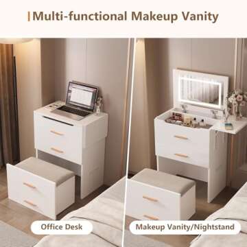 Makeup Vanity Desk with Mirror and Lights, 3-in-1 Vanity Set with 3 Drawers, Small Makeup Vanity with Hidden Stool, Compact Dressing Table Charging Station for Bedroom-White