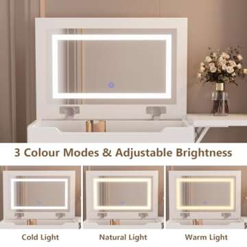 Makeup Vanity Desk with Mirror and Lights, 3-in-1 Vanity Set with 3 Drawers, Small Makeup Vanity with Hidden Stool, Compact Dressing Table Charging Station for Bedroom-White