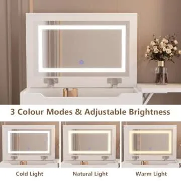 Makeup Vanity Desk with Mirror and Lights, 3-in-1 Vanity Set with 3 Drawers, Small Makeup Vanity with Hidden Stool, Compact Dressing Table Charging Station for Bedroom-White