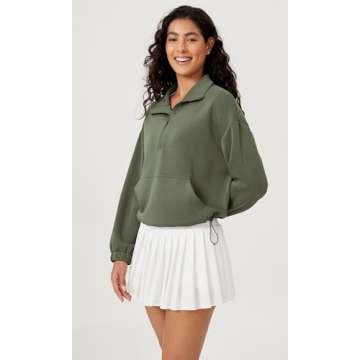 ODODOS Women's Modal Soft Cinchable Sweatshirts Half Zipper Funnel Neck Oversize Pullover with Pockets, Dark Sage, Small