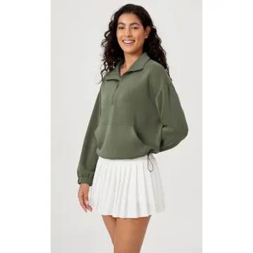 ODODOS Women's Modal Soft Cinchable Sweatshirts Half Zipper Funnel Neck Oversize Pullover with Pockets, Dark Sage, Small