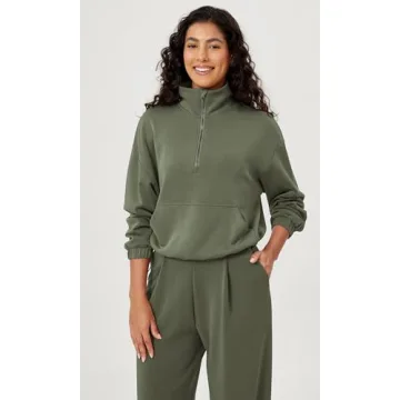ODODOS Women's Modal Soft Cinchable Sweatshirts Half Zipper Funnel Neck Oversize Pullover with Pockets, Dark Sage, Small