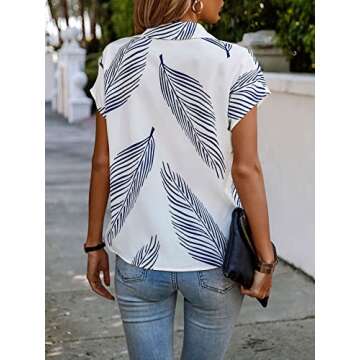 Verdusa Women's Tropical Print Dolman Short Sleeve Button Up Shirt Summer Blouse Top Blue and White L