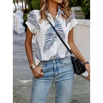 Verdusa Women's Tropical Print Dolman Short Sleeve Button Up Shirt Summer Blouse Top Blue and White L