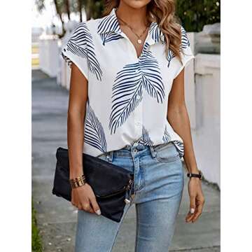 Verdusa Women's Tropical Print Dolman Short Sleeve Button Up Shirt Summer Blouse Top Blue and White L
