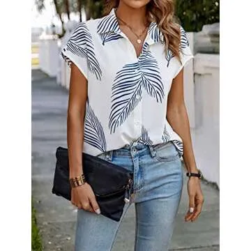 Verdusa Women's Tropical Print Dolman Short Sleeve Button Up Shirt Summer Blouse Top Blue and White L