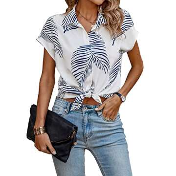 Verdusa Women's Tropical Print Dolman Short Sleeve Button Up Shirt Summer Blouse Top Blue and White L