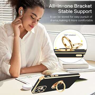 BENTOBEN for iPhone 12 Case, Slim Lightweight 360° Ring Holder Kickstand Support Car Mount Shockproof Women Men Non-Slip Protective Case for iPhone 12 6.1", Black/Gold