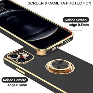 BENTOBEN for iPhone 12 Case, Slim Lightweight 360° Ring Holder Kickstand Support Car Mount Shockproof Women Men Non-Slip Protective Case for iPhone 12 6.1", Black/Gold