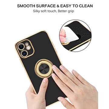BENTOBEN for iPhone 12 Case, Slim Lightweight 360° Ring Holder Kickstand Support Car Mount Shockproof Women Men Non-Slip Protective Case for iPhone 12 6.1", Black/Gold