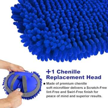 anngrowy 62" Microfiber Car Wash Brush with Long Handle Car Washing Mop Kit Mitt Sponge Car Cleaning Supplies Kit Duster RV Washing Car Brush Accessories, 1 Chenille Scratch-Free Replacement Head