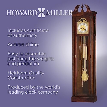 Howard Miller Chateau Floor Clock, Lockable Glass Door Wood Finish Adjustable Home Decor, Stationary Blue Moon Phase Chime Silence Option for Dining Area or Office Swan-Neck Pediment