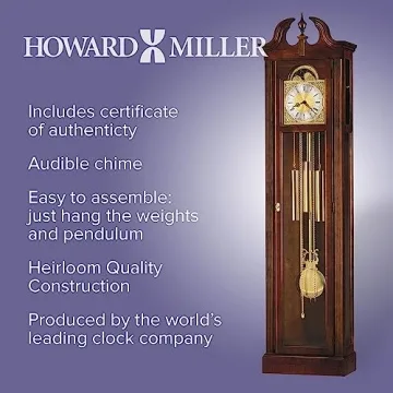 Howard Miller Chateau Floor Clock, Lockable Glass Door Wood Finish Adjustable Home Decor, Stationary Blue Moon Phase Chime Silence Option for Dining Area or Office Swan-Neck Pediment