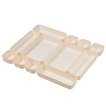 Backerysupply Set of 12 Beige Plastic Drawer Organizers for Makeup, Bathroom, Office, and Kitchen