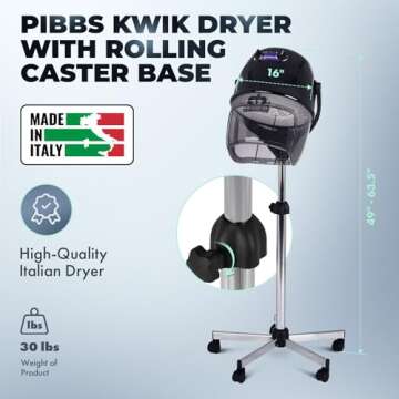 Pibbs Kwik Dryer - Adjustable 1100 Watt Salon Hair Dryer with Rolling Caster Base