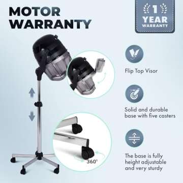 Pibbs Kwik Dryer, 1100-Watt Salon Hair Dryer with Caster Base