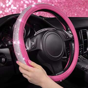 CAR PASS Diamond Pink Leather Steering Wheel Cover, with Bling Crystal Rhinestones Universal Fit 14"...