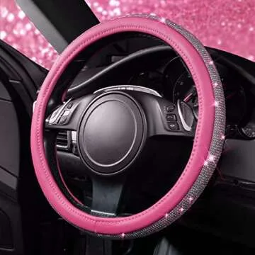 CAR PASS Diamond Pink Leather Steering Wheel Cover, with Bling Crystal Rhinestones Universal Fit 14" 1/2-15" Crystal Glitter for Women Sparkle Girl Fit Suvs,Vans,Sedans,Cars,Trucks, Pink Diamond