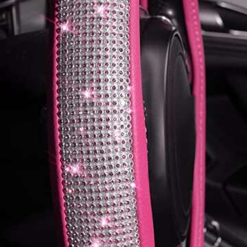 CAR PASS Diamond Pink Leather Steering Wheel Cover, with Bling Crystal Rhinestones Universal Fit 14" 1/2-15" Crystal Glitter for Women Sparkle Girl Fit Suvs,Vans,Sedans,Cars,Trucks, Pink Diamond
