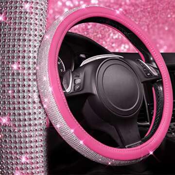 CAR PASS Diamond Pink Leather Steering Wheel Cover, with Bling Crystal Rhinestones Universal Fit 14" 1/2-15" Crystal Glitter for Women Sparkle Girl Fit Suvs,Vans,Sedans,Cars,Trucks, Pink Diamond