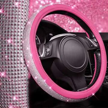 CAR PASS Diamond Pink Leather Steering Wheel Cover, with Bling Crystal Rhinestones Universal Fit 14" 1/2-15" Crystal Glitter for Women Sparkle Girl Fit Suvs,Vans,Sedans,Cars,Trucks, Pink Diamond