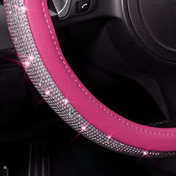 CAR PASS Diamond Pink Leather Steering Wheel Cover, with Bling Crystal Rhinestones Universal Fit 14" 1/2-15" Crystal Glitter for Women Sparkle Girl Fit Suvs,Vans,Sedans,Cars,Trucks, Pink Diamond