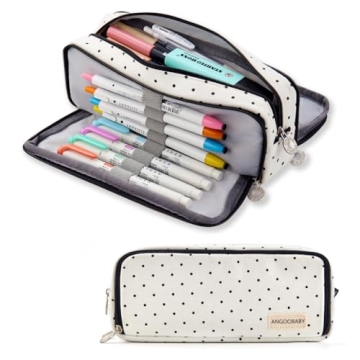 ANGOOBABY Large Pencil Case Big Capacity 3 Compartments Canvas Pencil Pouch for Teen Boys Girls Scho...