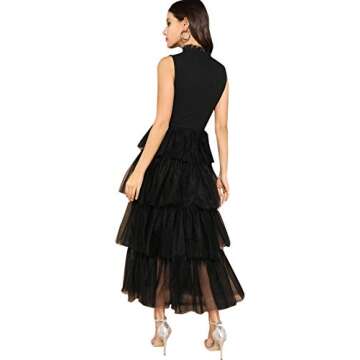 MakeMeChic Women's Sleeveless Tiered Layer Mesh Ruffle Dress Black S