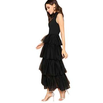 MakeMeChic Women's Sleeveless Tiered Layer Mesh Ruffle Dress Black S