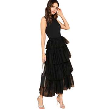 MakeMeChic Women's Sleeveless Tiered Layer Mesh Ruffle Dress Black S
