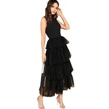 MakeMeChic Women's Sleeveless Tiered Layer Mesh Ruffle Dress Black S
