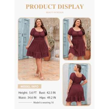 Eytino Plus Size Dress for Women Summer Sweetheart Neck Short Sleeve Drawstring Ruffle Mini Short Dresses, 3X Red Dahlia