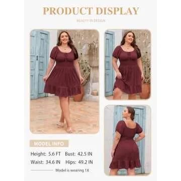 Eytino Plus Size Dress for Women Summer Sweetheart Neck Short Sleeve Drawstring Ruffle Mini Short Dresses, 3X Red Dahlia