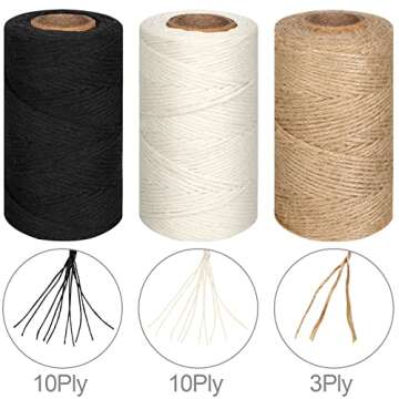 984 Ft Natural Jute Twine, 2mm Thin White Cotton Rope for Crafts, Art, Gardening, Gift Wrapping, Decoration, Packing - 3 Rolls