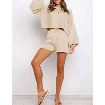 SYZRI Women's 2 Piece Knit Outfits Puff Sleeve Crop Top Shorts Set Sweater Sweatsuit, Apricot, S