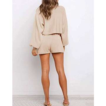 SYZRI Women's 2 Piece Knit Outfits Puff Sleeve Crop Top Shorts Set Sweater Sweatsuit, Apricot, S