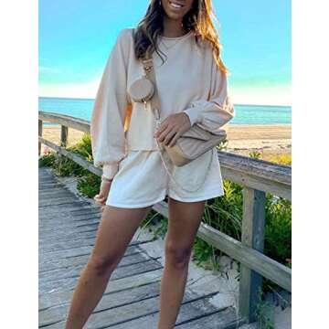 SYZRI Women's 2 Piece Knit Outfits Puff Sleeve Crop Top Shorts Set Sweater Sweatsuit, Apricot, S